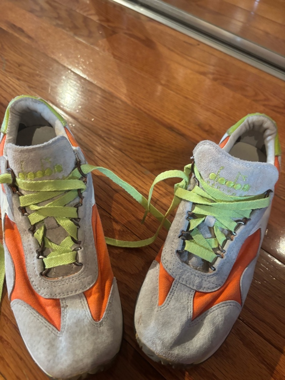 Diadora Gray Suede Sneakers with Orange Panels and Lime Laces - Picture 5 of 10